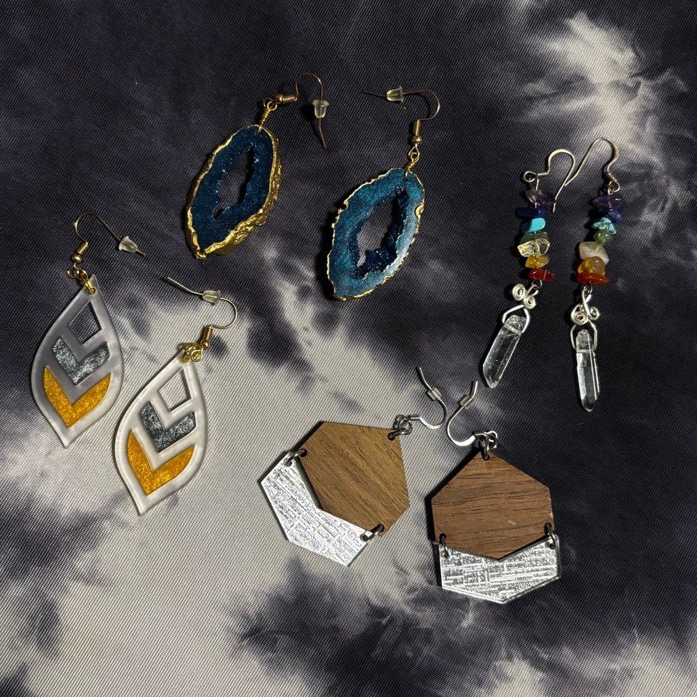 Random homemade custom earrings epoxy, wood, crystals. Costume jewelry